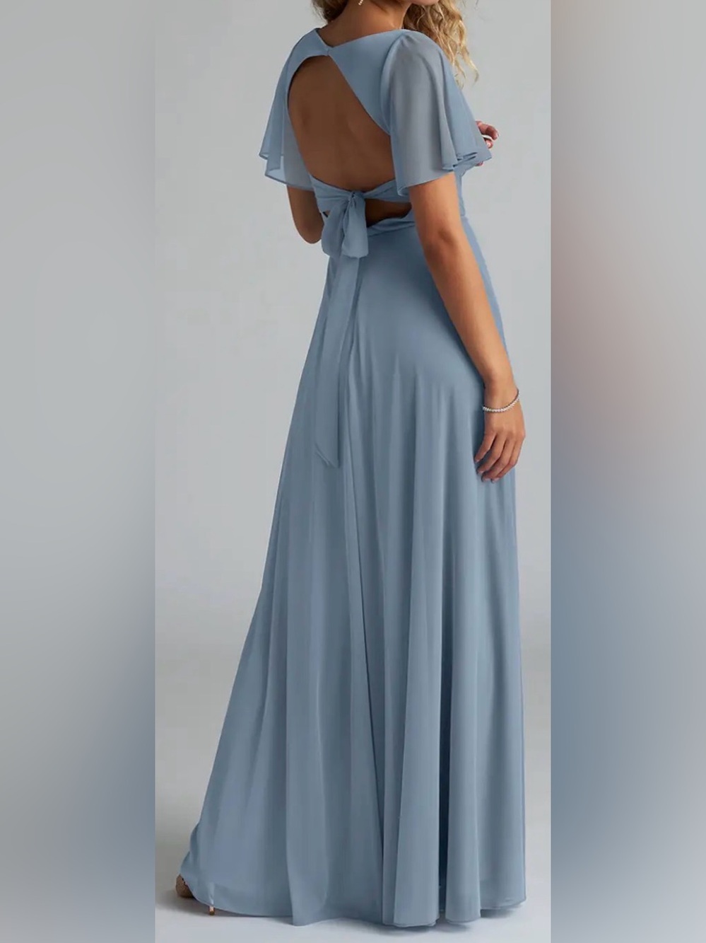 Azazie Dusty Blue Backless Maxi Dress with Bow Tie